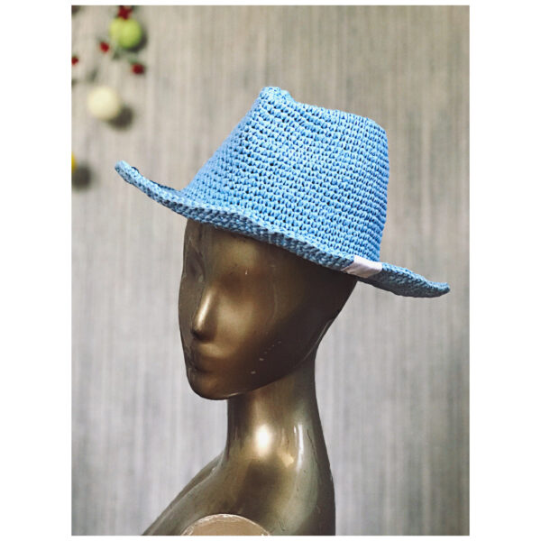 Sky Blue Crochet Fedora Hat - Image 2